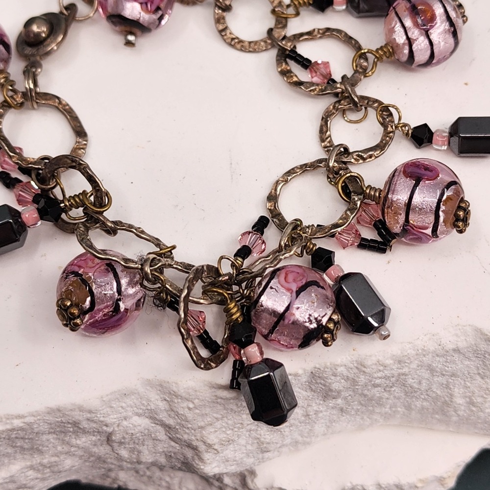 Vintage 2004 Patent Pink Lampwork Glass Bead Crystal Dangle Charm Link Bracelet